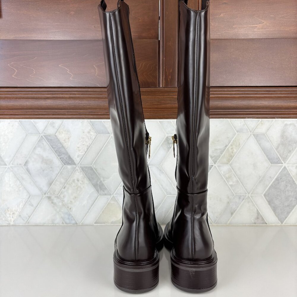 39/9 Dark Brown Walnut Round Toe Block Heel Wide Sole Knee High Pull On Zip Boot - Picture 13 of 16